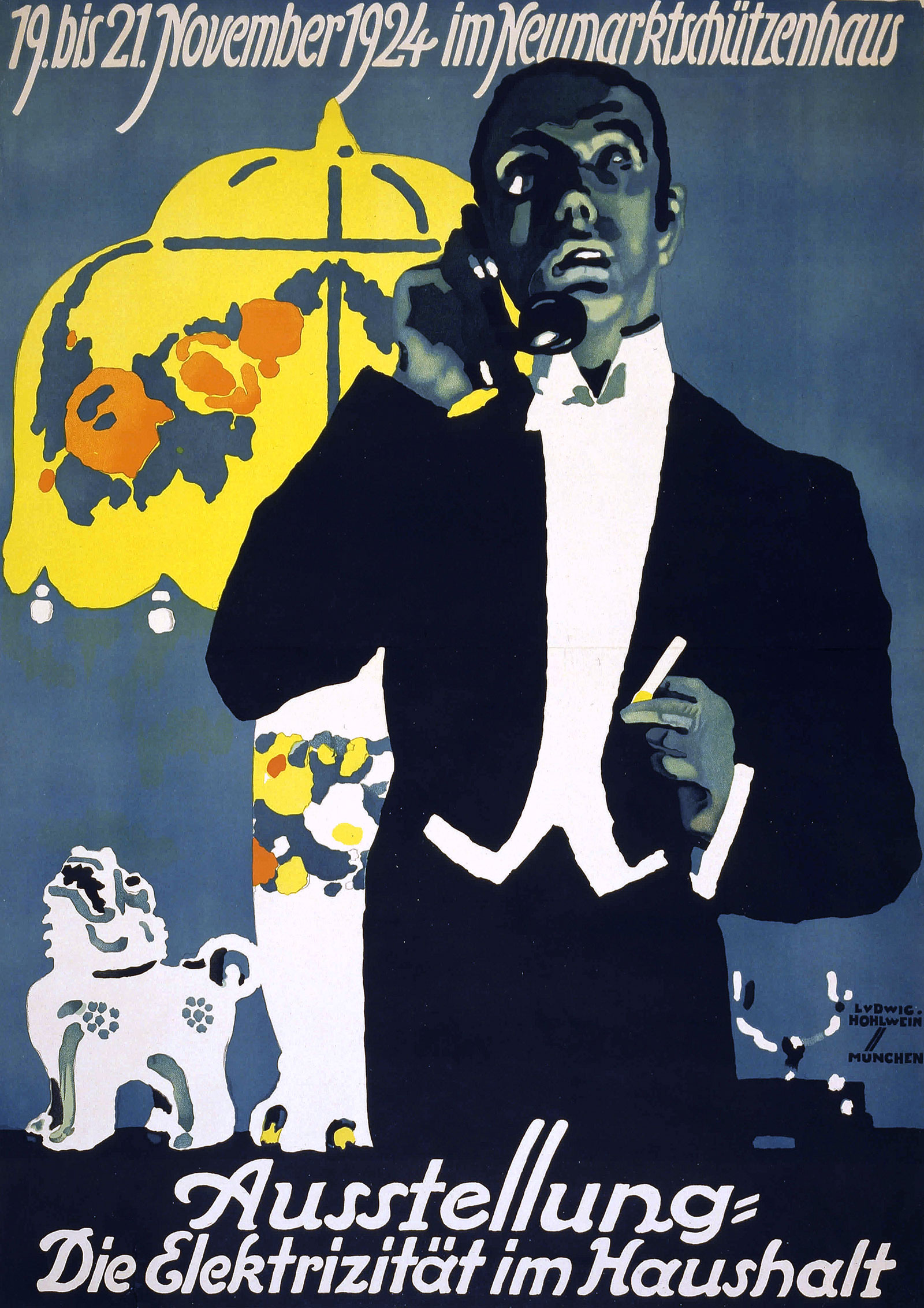 Poster showing a man using a telephone