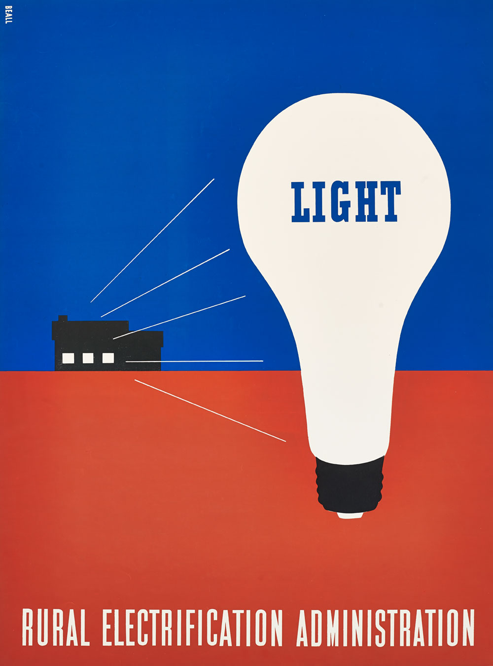 Rural Electrification Administration poster with a large white light bulb