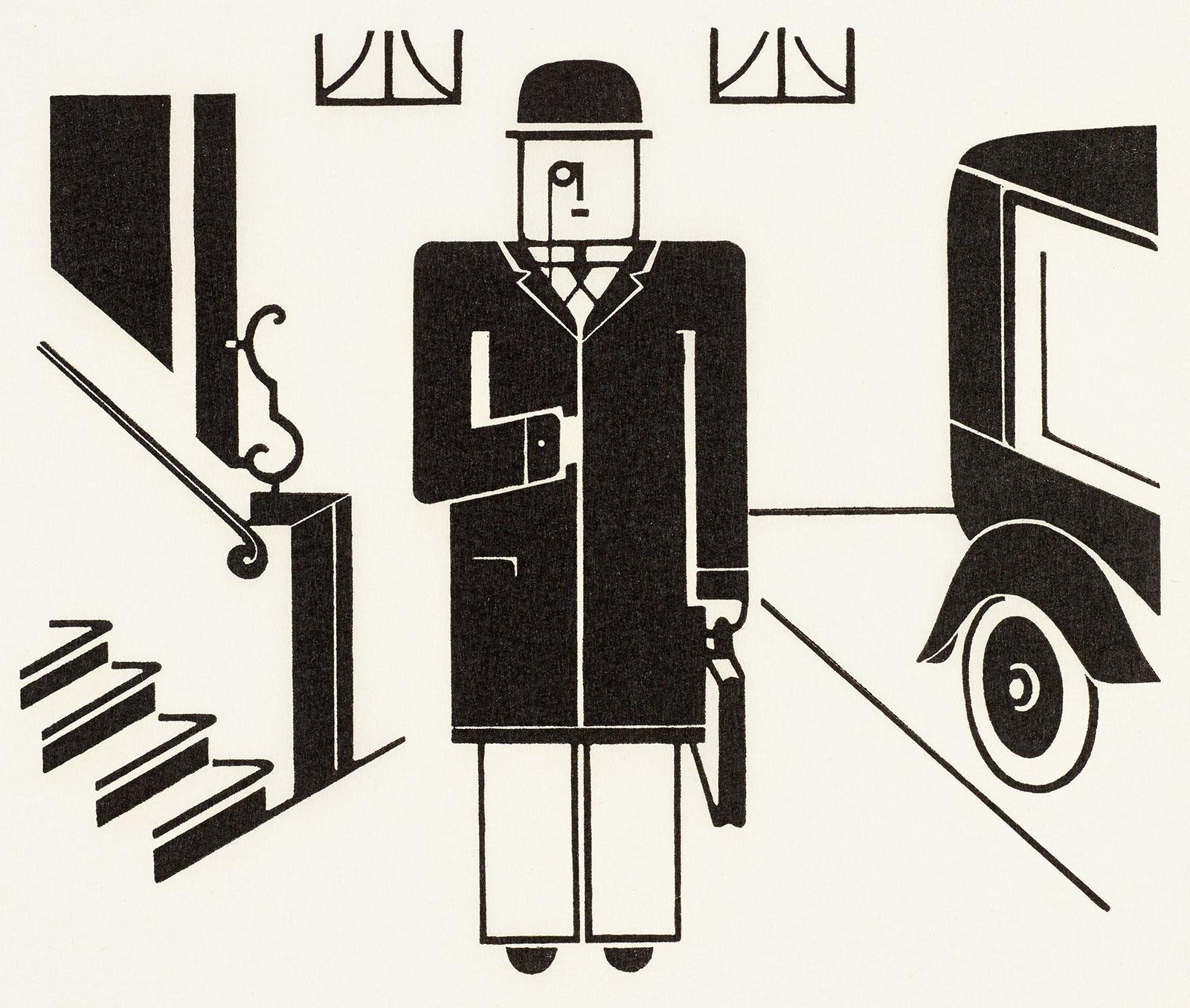 Print showing a businessman with monocle and briefcase