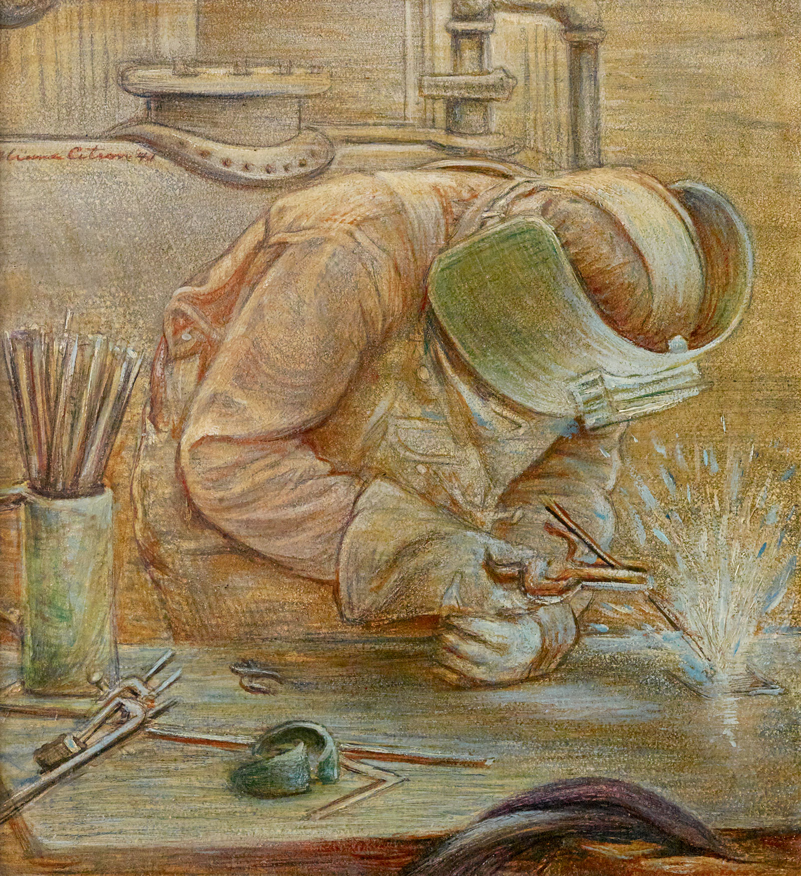 Painting of a welder wearing a mask